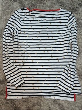 Boden White and Navy Striped Long-Sleeve Top with Gold Dot Accents and Red Trim